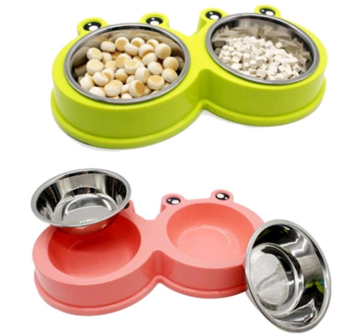 Bát ăn cho chó mèo 2 ngăn lòng inox hình ếch