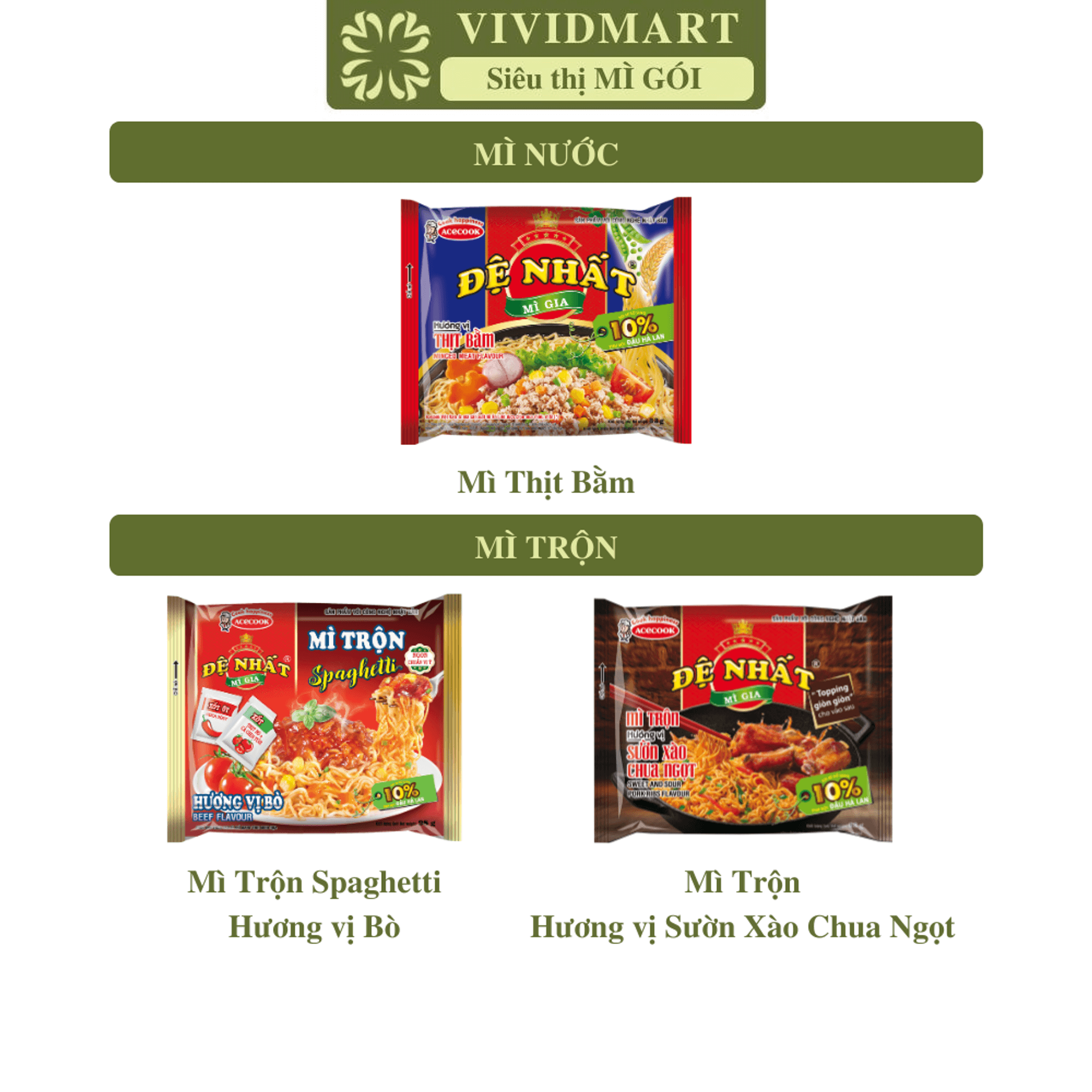 [GÓI LẺ] - ACECOOK - Mì Đệ Nhất Mì Gia 3 vị: Thịt Bằm, Spaghetti vị Bò, Sườn Xào Chua Ngọt (82-98g/gói) - Mì ăn liền Đệ Nhất