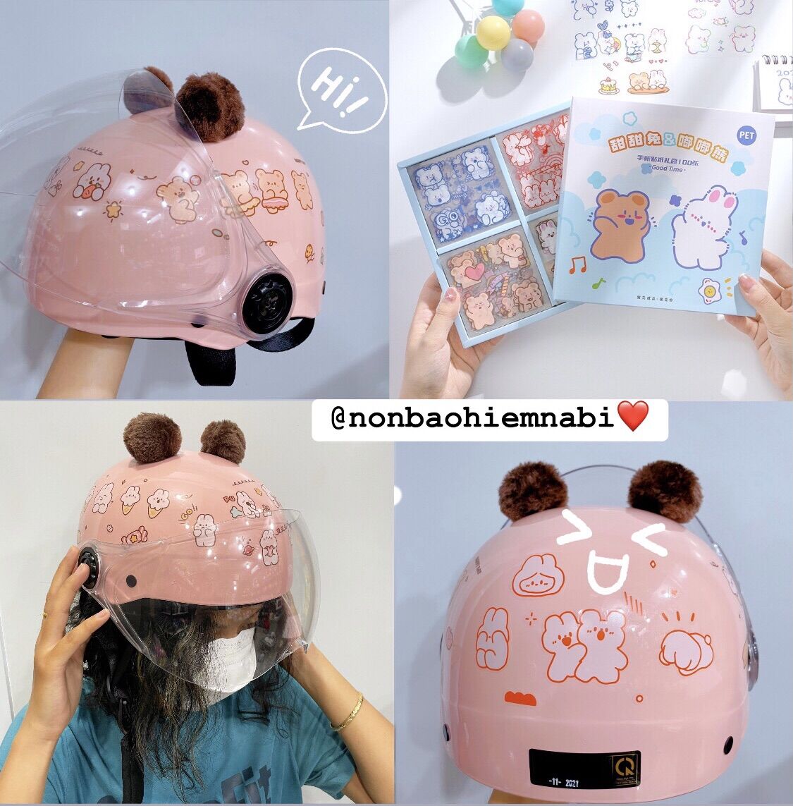 Mũ bảo hiểm siêu dễ thương tặng tai + kính + 4 bộ sticker trang trí