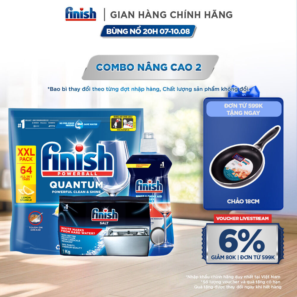 Combo Finish nâng cao 2 : Viên Rửa Chén Bát Finish Powerball Quantum 64 viên + Nước làm bóng 500ml + Muối Rửa Chén Bát