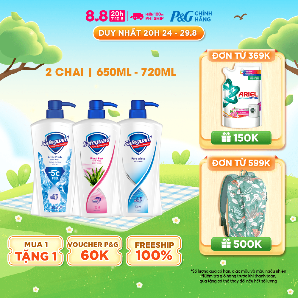 Combo 2 sữa tắm safeguard diệt vi khuẩn chai 650ml/720ml nhiều mùi hương hồng hoa vs lô hội/ trắng tinh khiết/chanh