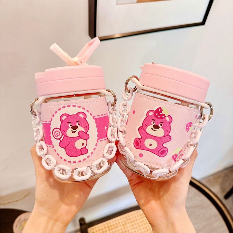Bình nước/ ly cốc gấu dâu Losto kèm ống hút + bao da + dây đeo