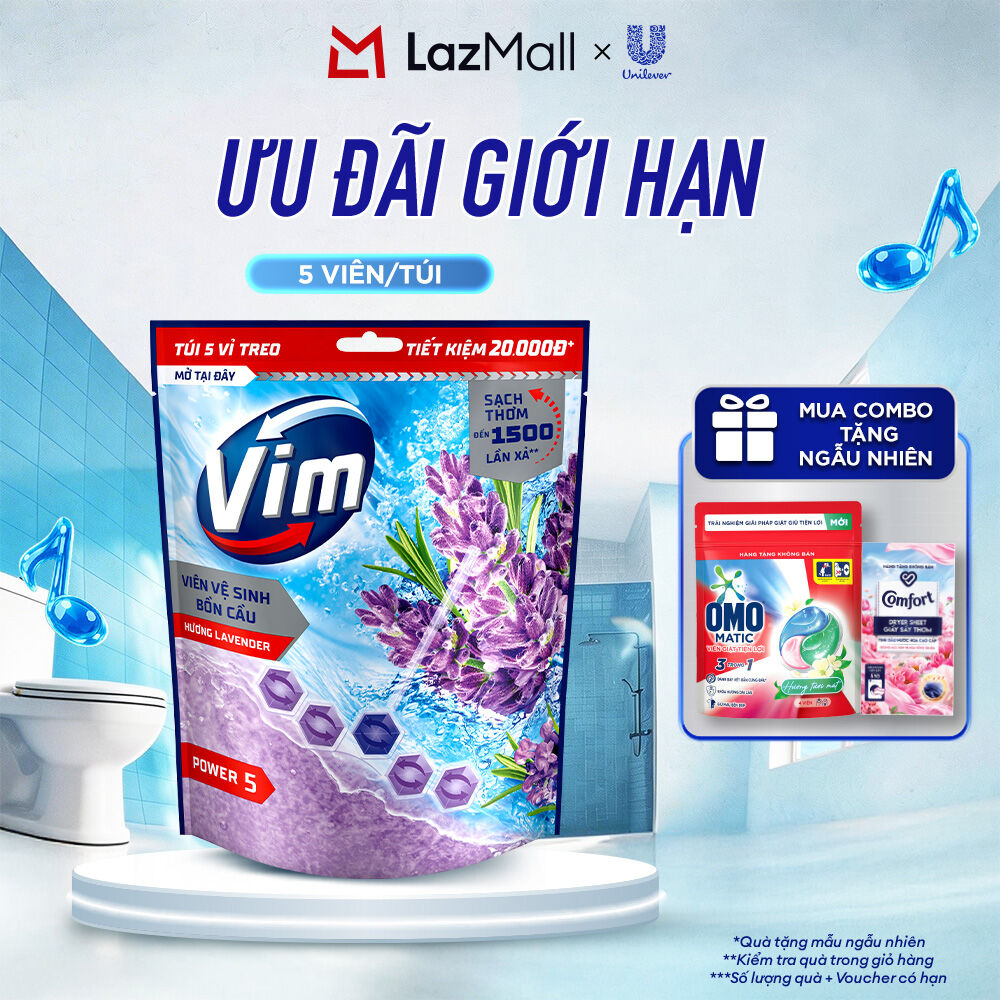 (Livestream) - Túi bộ viên tẩy bồn cầu Vim Power 5 Hương Lavender (5 viên/túi)
