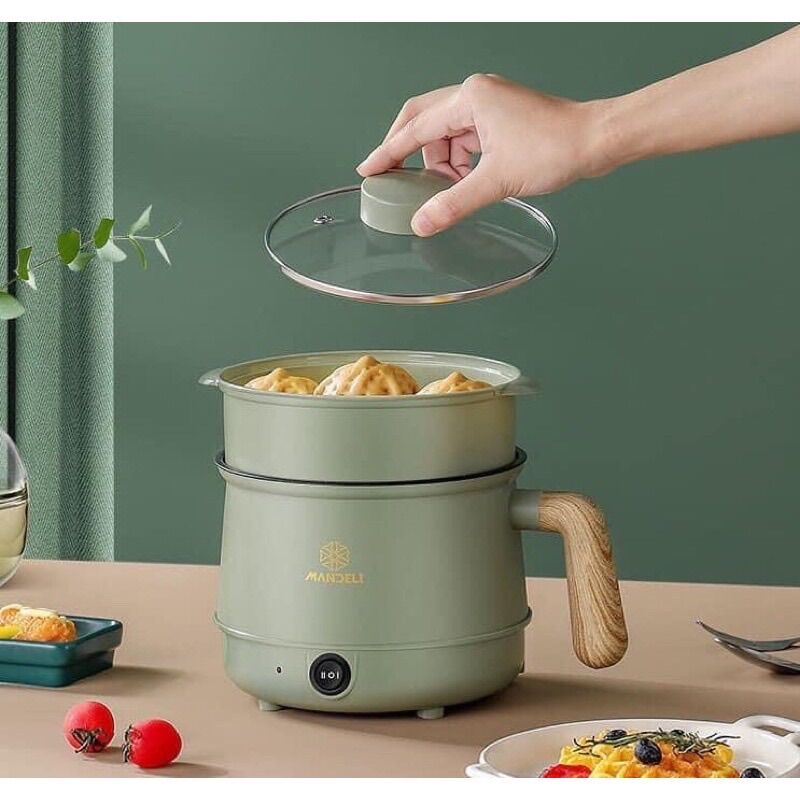 Nồi lẩu mini đa năng tay cầm gỗ cao cấp loại 1- nấu cơm, lẩu nướng, chiên rán, xào,….