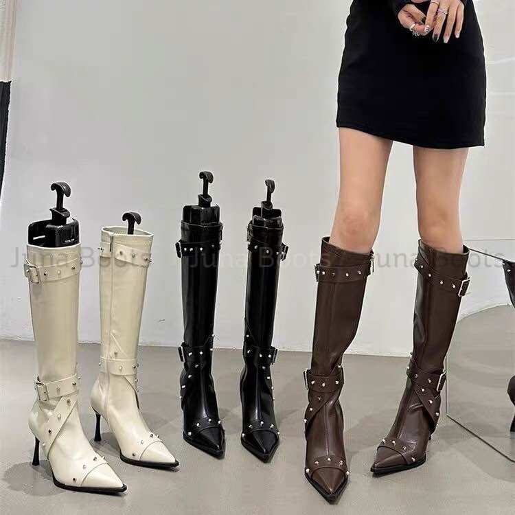 Giày Bốt gối nữ mix đinh tán swing - Boots gót nhọn 7p mũi nhọm QCL1
