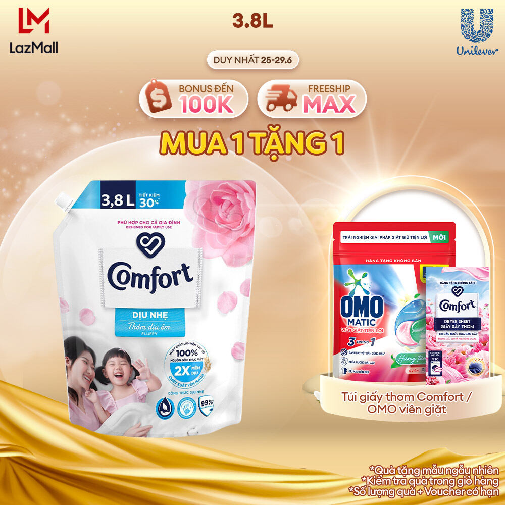 Nước Xả Vải Comfort Dịu Nhẹ Thơm Dịu Êm Cho Cả Gia Đình 3.8L