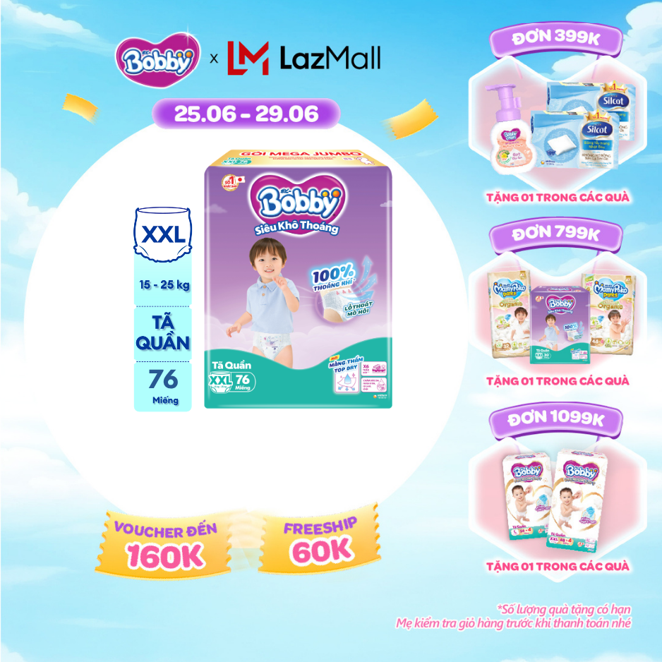[SALE CUỐI THÁNG tặng QUÀ TO-SLCH]Tã/bỉm quần Bobby 3mm Mega Jumbo Siêu khô thoáng XXL76 [Bao bì thay đổi theo từng đợt nhập hàng]