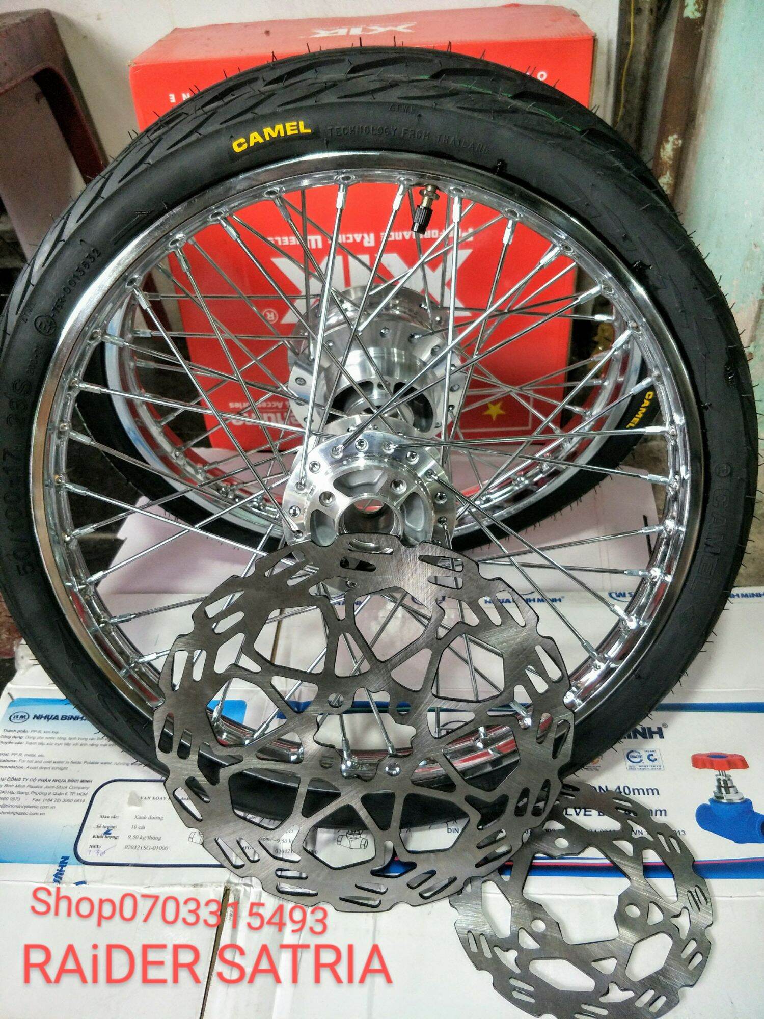 [HCM] CẶP BÁNH CĂM RAIDER SATRIA NIỀN UNION 1.4 1.6 (250.275) FULL VỎ CAMEL 50.60 KÈM 2 ĐĨA TRƯỚC SAU GẮN NHƯ ZIN