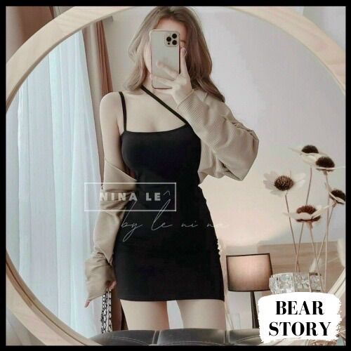 Set đầm body 2 dây kiểu cách mix áo khoác dài tay chất dày đẹp Đầm kiểu ôm body tôn dáng By candystyle