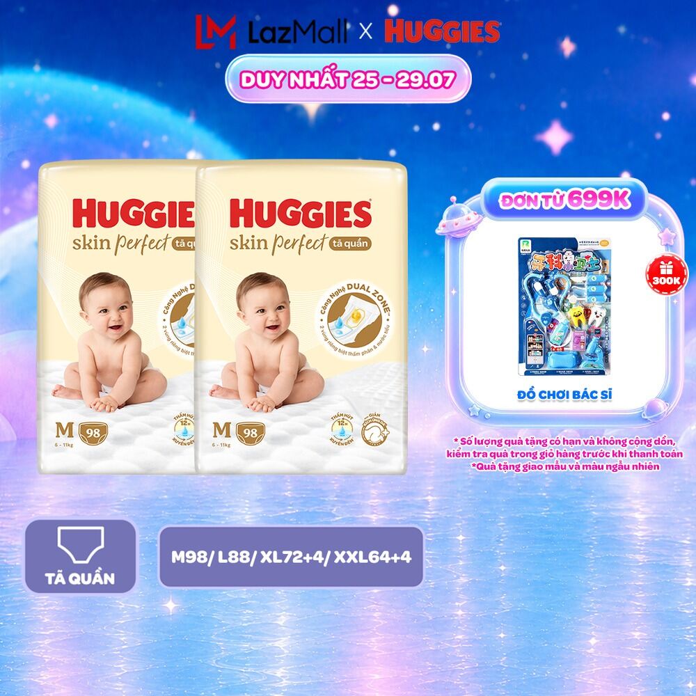 Combo 2 gói Tã quần Huggies Skin Perfect Mega Jumbo M98/L88/XL72+4/XXL64+4 miếng với 2 vùng thấm giảm kích ứng da