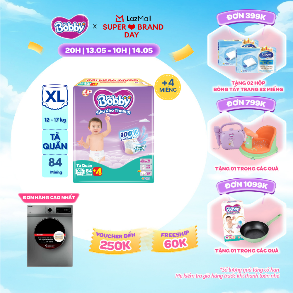 [CHỈ 20h 13.05 QT Đơn 899K/1199K] Tã/bỉm quần Bobby 3mm Mega Jumbo Gạo non Giảm nhiệt XL84
