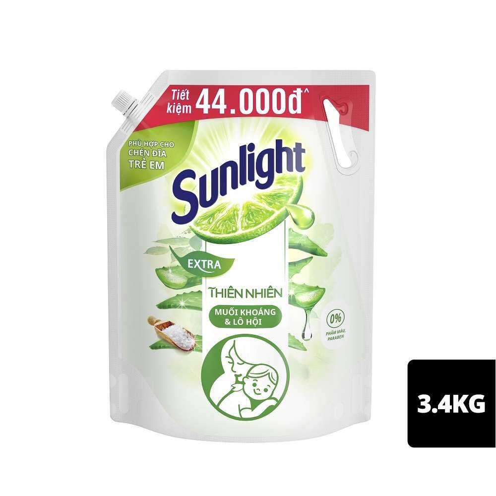  Nước rửa chén Sunlight 3,4 lít túi màu trắng muối khoáng lô hội dịu nhẹ cho da tay dùng cả cho chén đĩa em bé 