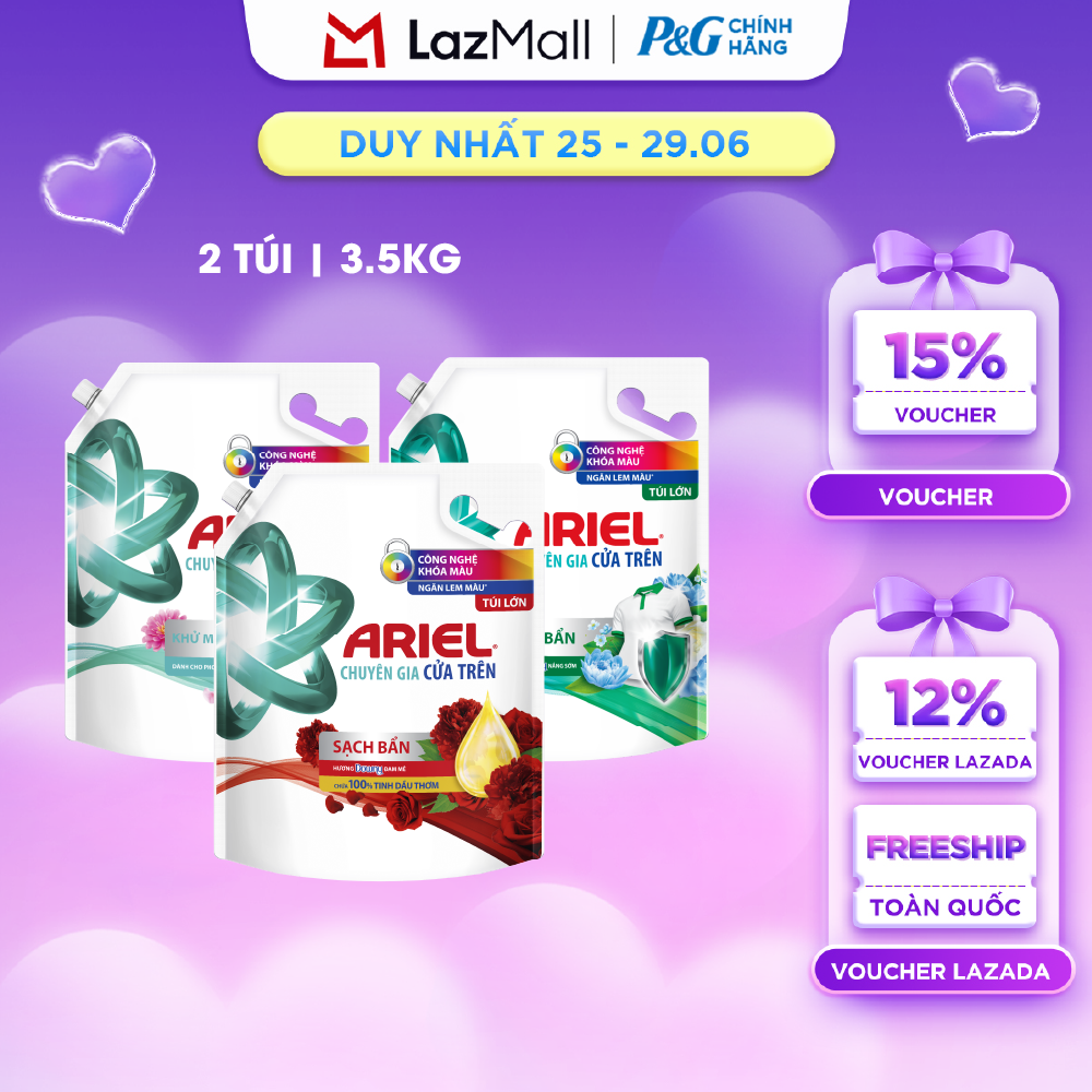 Combo 2 Nước Giặt Cửa Trên ARIEL Ngăn Lem Màu, Quần Áo Siêu Thơm Hương Sạch Sâu Nắng Mai/ Đam Mê/ Downy Oải Hương Túi 3.65KG/ 3.2KG