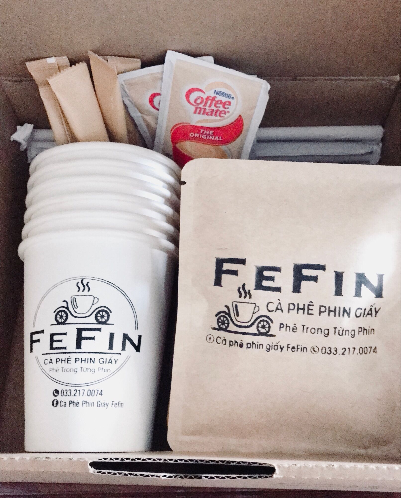 Cà phê phin giấy FeFin - Hộp 6 phin cà phê với Coffee Mate Mỹ, đường