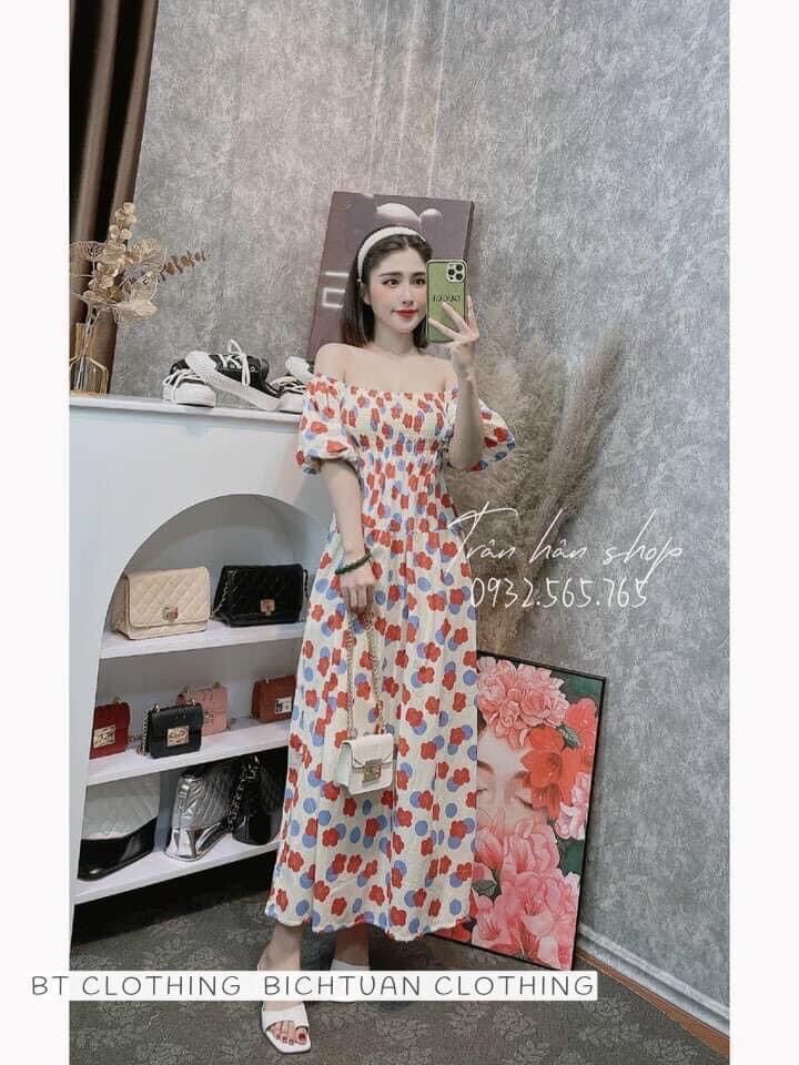 Đầm bầu hoa đi biển maxi hở vai dễ thương