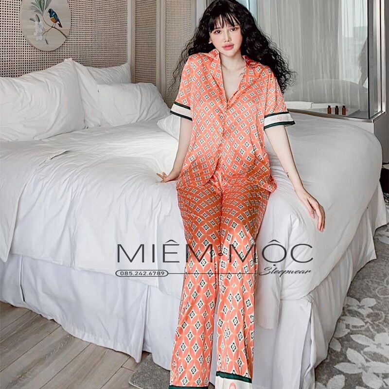 Pijama lụa cao cấp Quảng Châu áo cộc quần dài [ảnh thật]