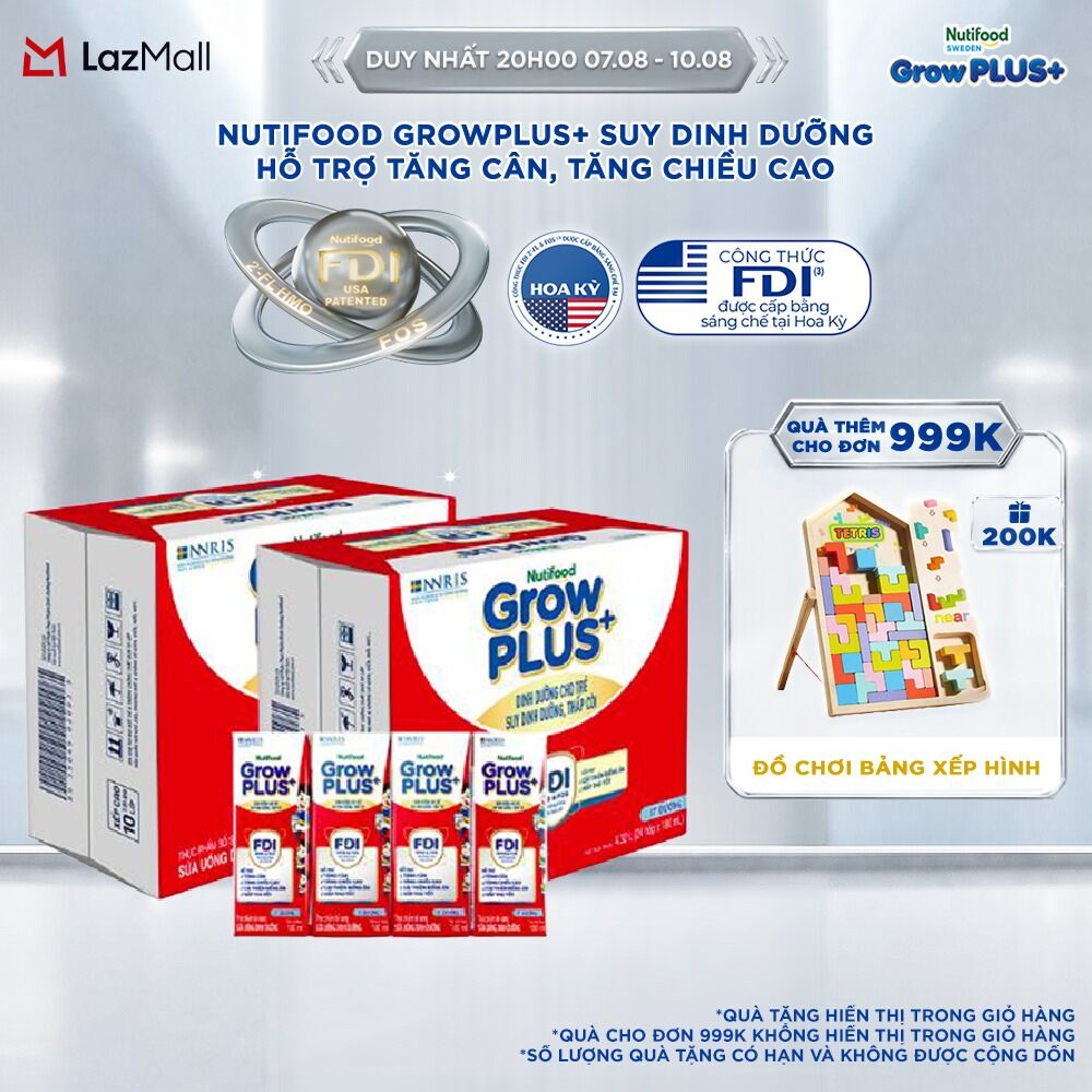 Thùng Sữa Nước Pha Sẵn Nutifood GrowPLUS+ Ít Đường suy dinh dưỡng - Hỗ trợ tăng cân tăng chiều cao - Trên 1 tuổi (48 Hộp x 180ml) (Bao bì tùy đợt nhập hàng)