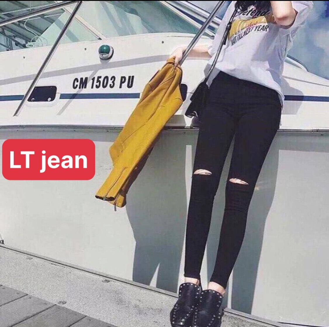 Quần jean nữ đen co size đại·· rách gối 2 bên chất bò co dãn fom nâng mông tôn dáng