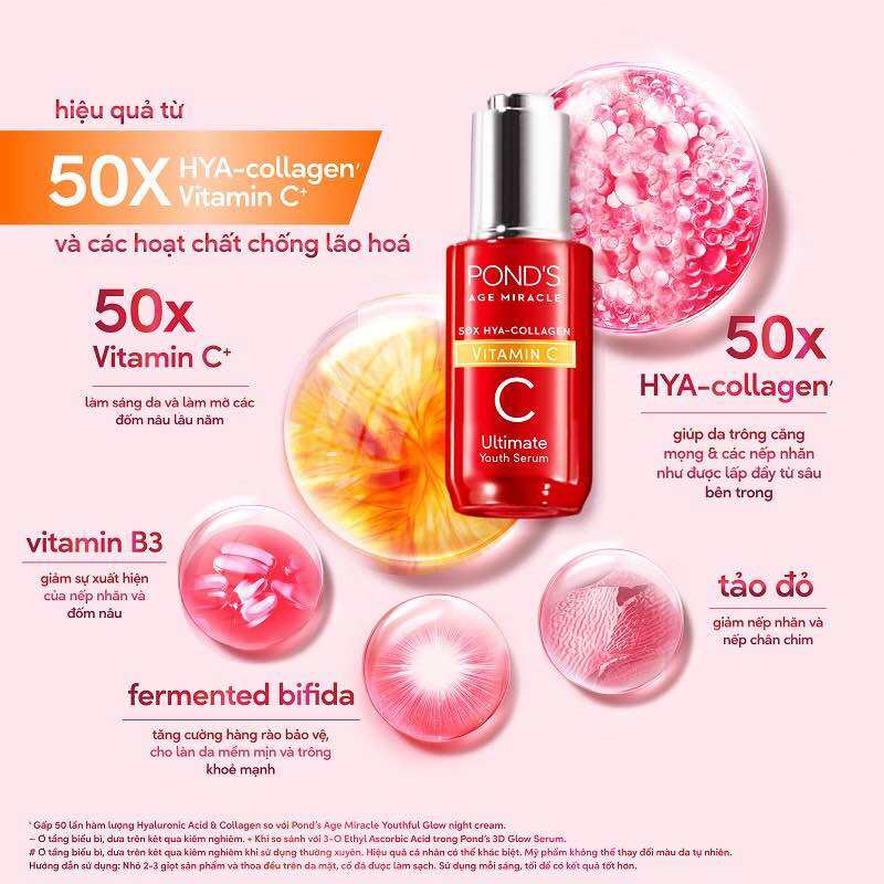 01 Hộp 6 gói Serum Pond’s Vitamin C tinh chất dưỡng sáng mờ đốm nâu POND'S Age Miracle Ultimate Youth Vitamin C HA Collagen - gói serum pond’s đỏ 7g