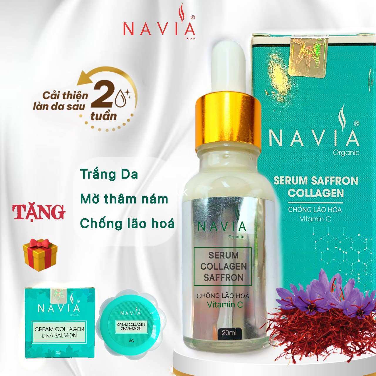 Serum collagen saffron dưỡng ẩm trắng da mờ thâm nám Navia 20ml phục hồi da hư tổn chống lão hoá