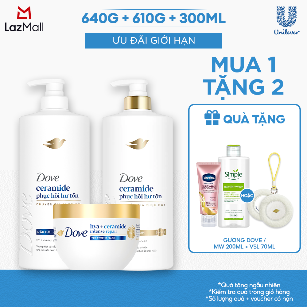 Combo Dầu Gội, Kem Xả, Kem Ủ Dove Ceramide Phục hồi hư tổn / Biotin Ngăn gãy rụng tóc 640g, 610g, 300ml (bao bì tùy đợt nhập hàng)