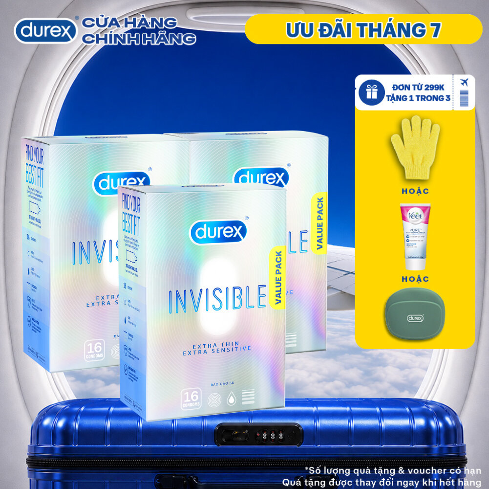 Bộ 3 Hộp Bao Cao Su Durex Invisible Siêu Mỏng, Size 52 mm, Hộp 16 Bao