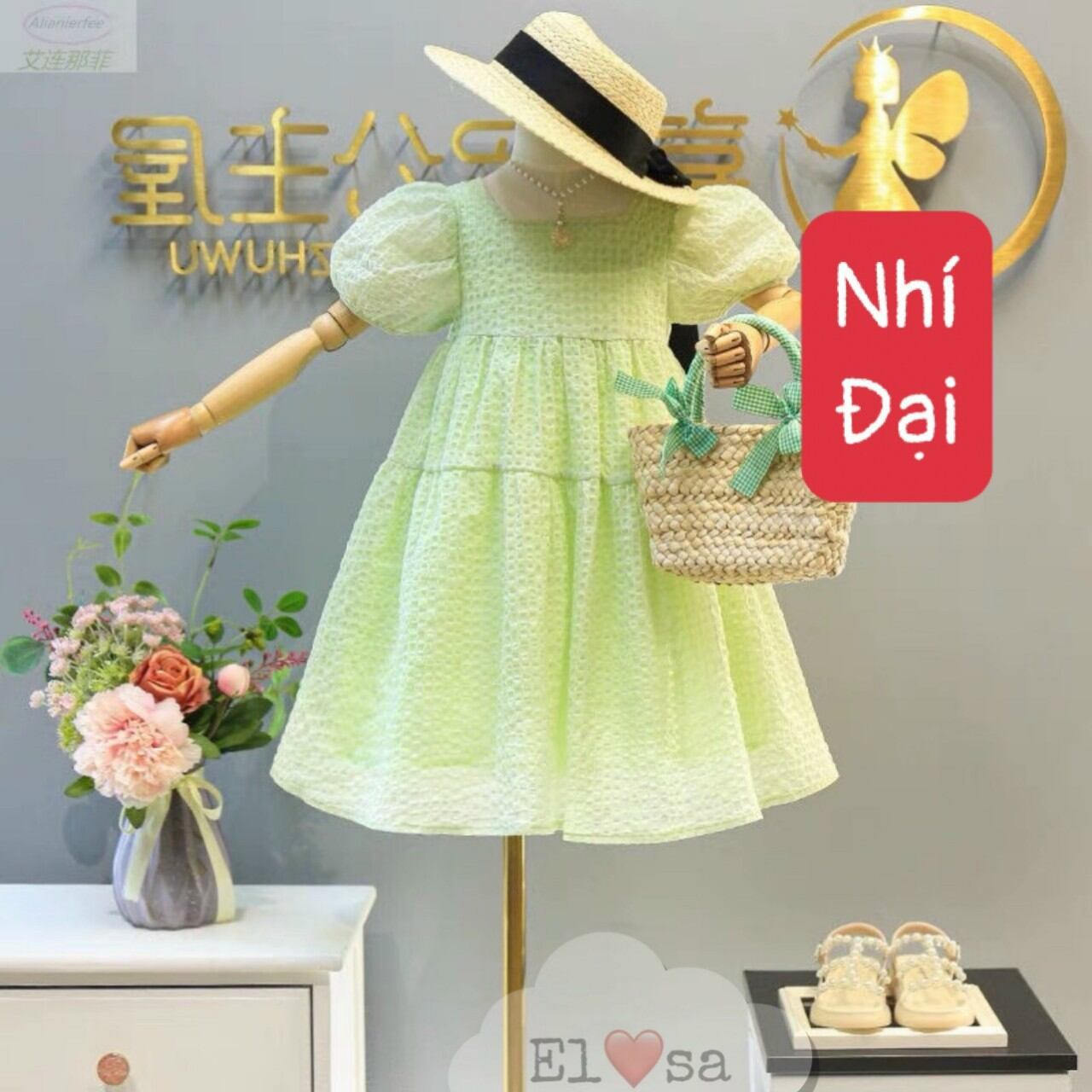 Váy bé gái thắt nơ lưng tay phồng cho bé 1-10 tuổi