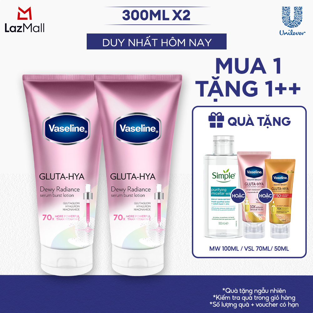 Combo 2 Sữa dưỡng thể Vaseline Gluta-Hya Serum Burst Lotion Dewy Radiance Lotion dưỡng sáng ẩm mượt 300ML (bao bì và dung tích tùy đợt nhập hàng)