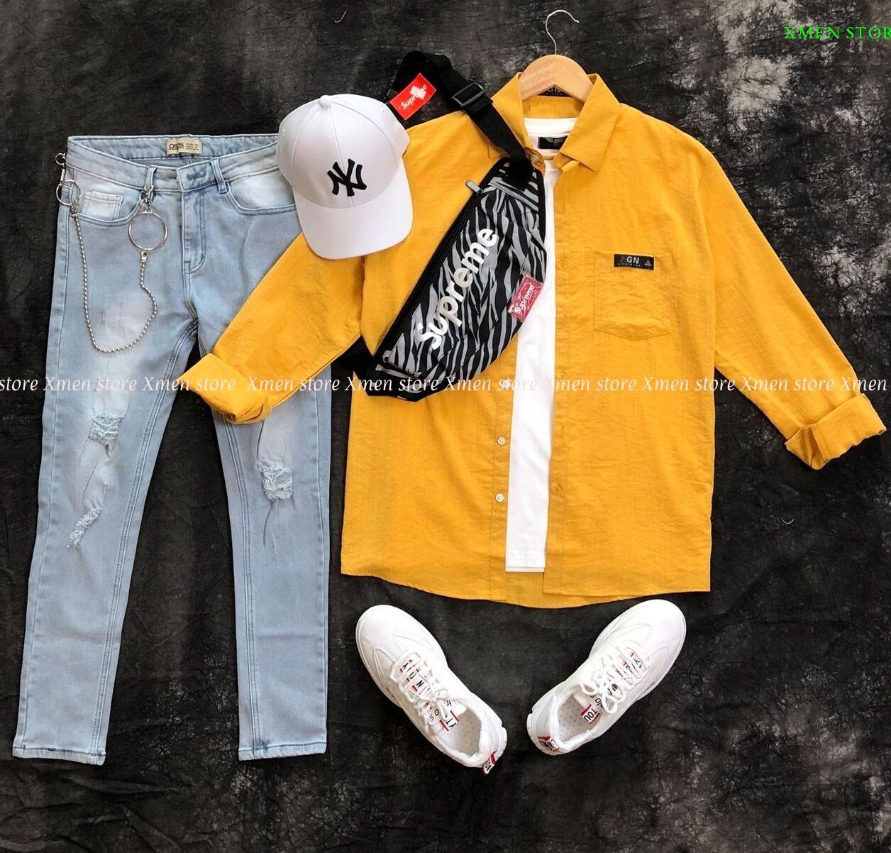 Set quần jean nam + áo sơ mi vàng năng động trẻ trung