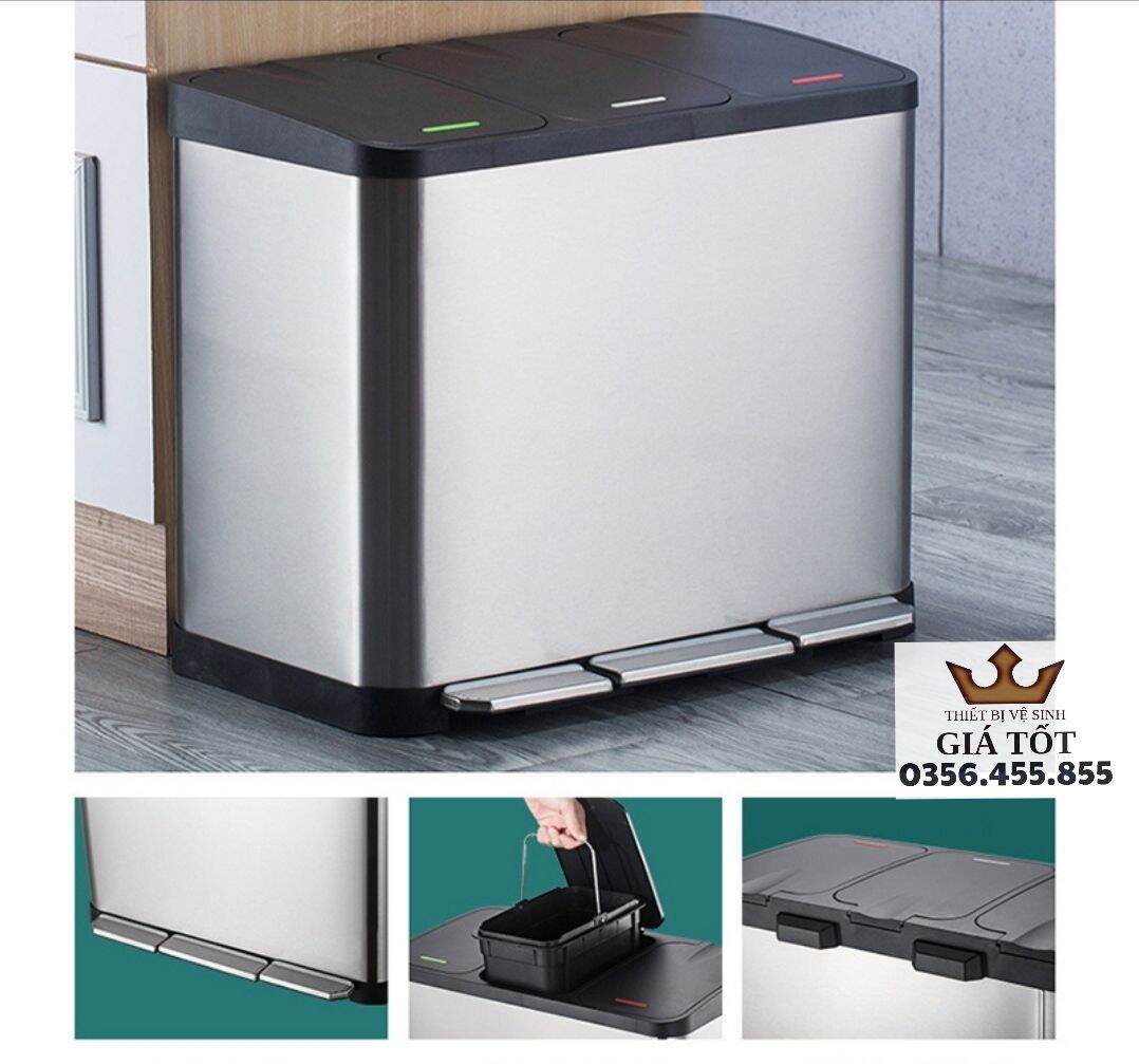 Thùng rác inox đẹp chân 3 ngăn phân loại rác