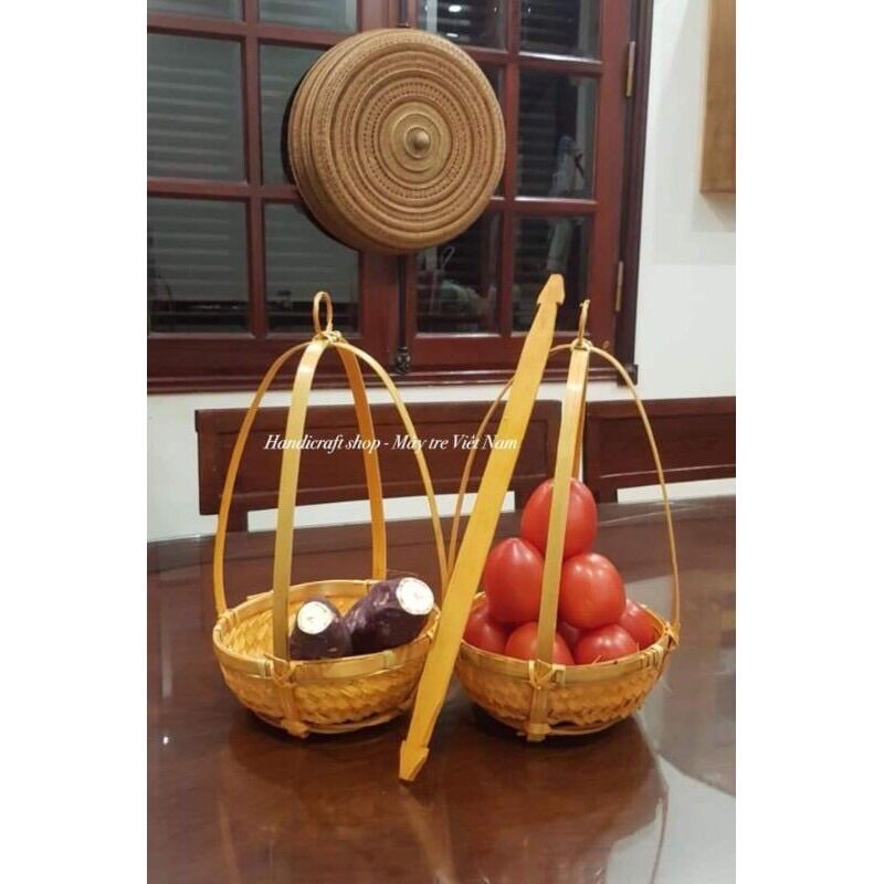 Quang gánh tre mini để bàn gồm 2 thúng 2 quang 1 gánh