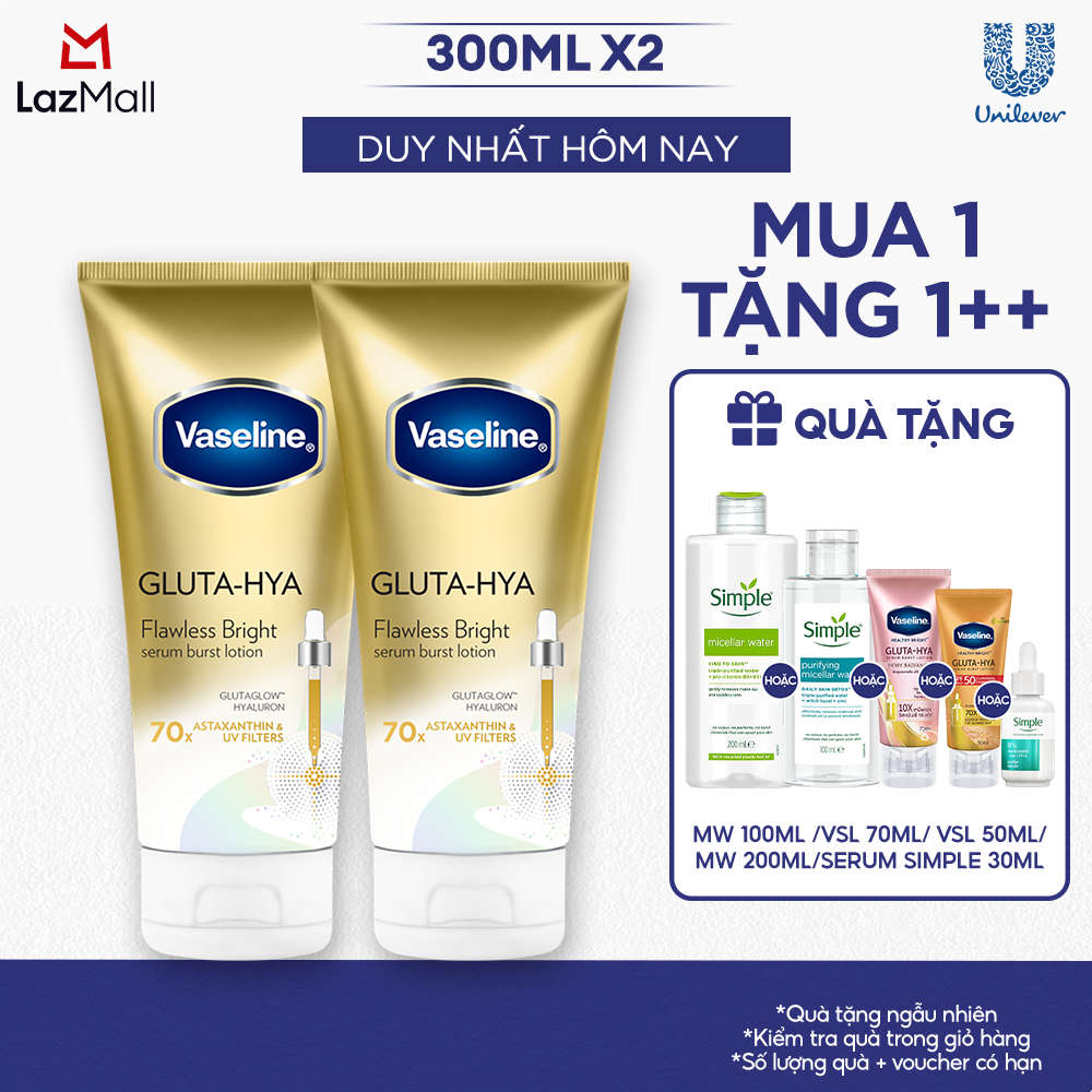 Combo 2 Sữa dưỡng thể Vaseline Gluta-Hya Serum Burst UV Lotion Flawless Bright dưỡng sáng không lo tì vết 330 ML/chai