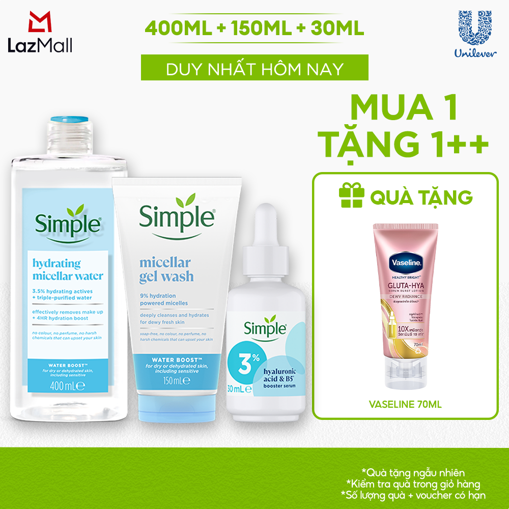 Combo Simple tẩy trang 400ml + sữa rửa mặt 150ml + tinh chất serum 30ml Simple cấp ẩm sâu cho da khô