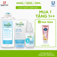 Combo Simple tẩy trang 400ml + sữa rửa mặt 150ml + tinh chất serum 30ml Simple cấp ẩm sâu cho da khô