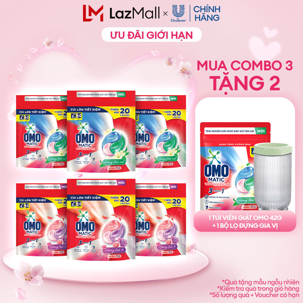Combo 6/10 túi viên giặt tiện lợi OMO 3 trong 1 (30-50 viên/túi) (bao bì tùy lô nhập hàng)