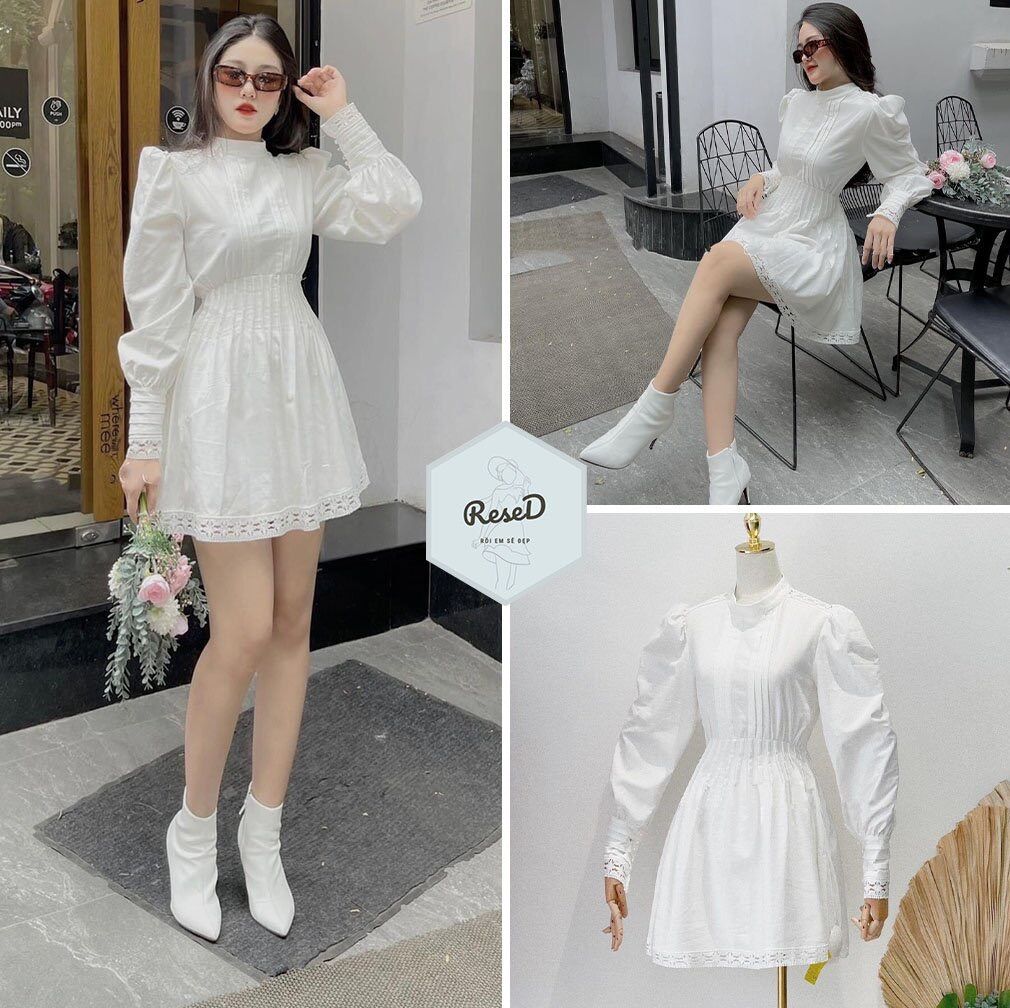 Đầm váy trắng hàn quốc xếp ly eo tay dài phối ren