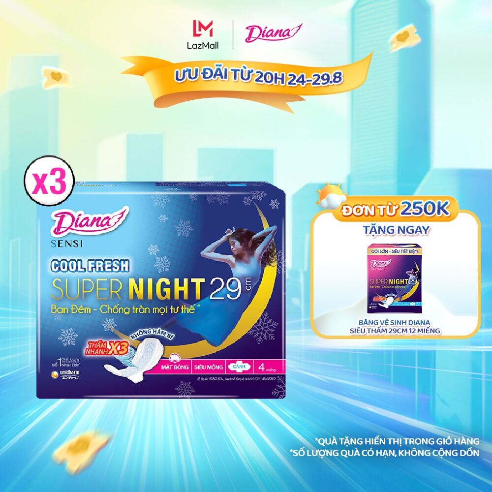 Combo 3 băng vệ sinh diana sensi cool fresh ban đêm 29cm gói 4 miếng