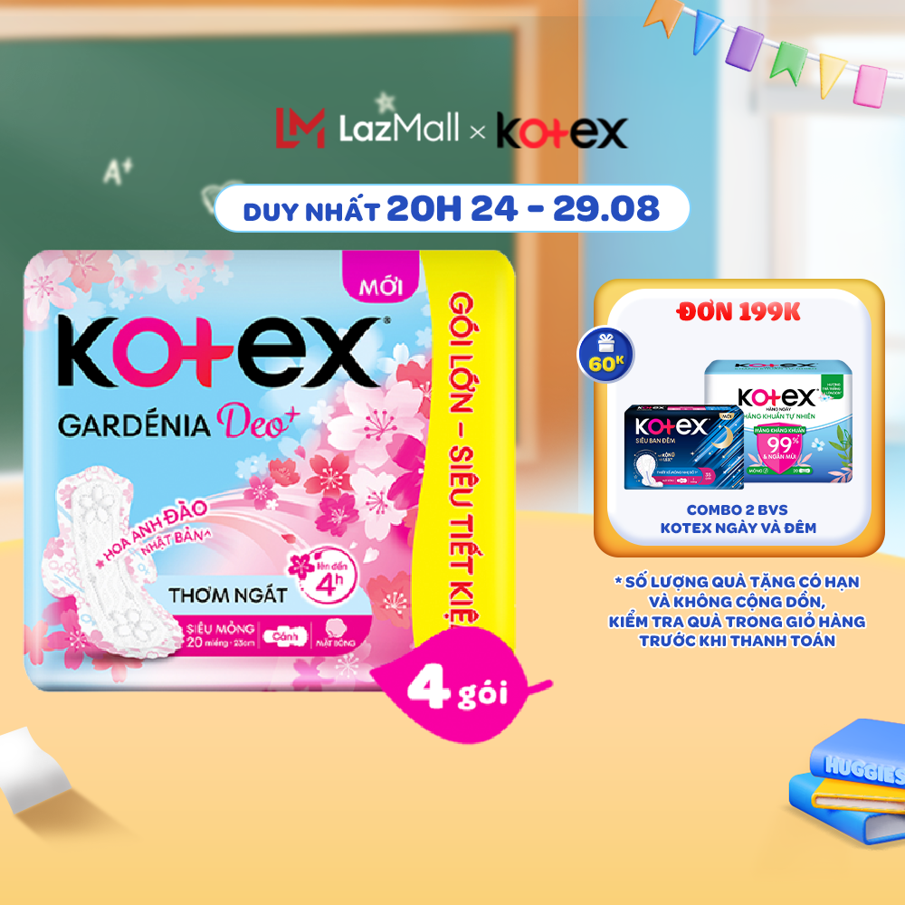 Combo 4 gói băng vệ sinh Gardenia Deo+ - Hoa Anh Đào siêu mỏng cánh 23cm 20 miếng