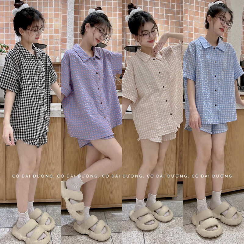 Bộ Pyjama đùi kẻ from rộng 62kg cực xinh.