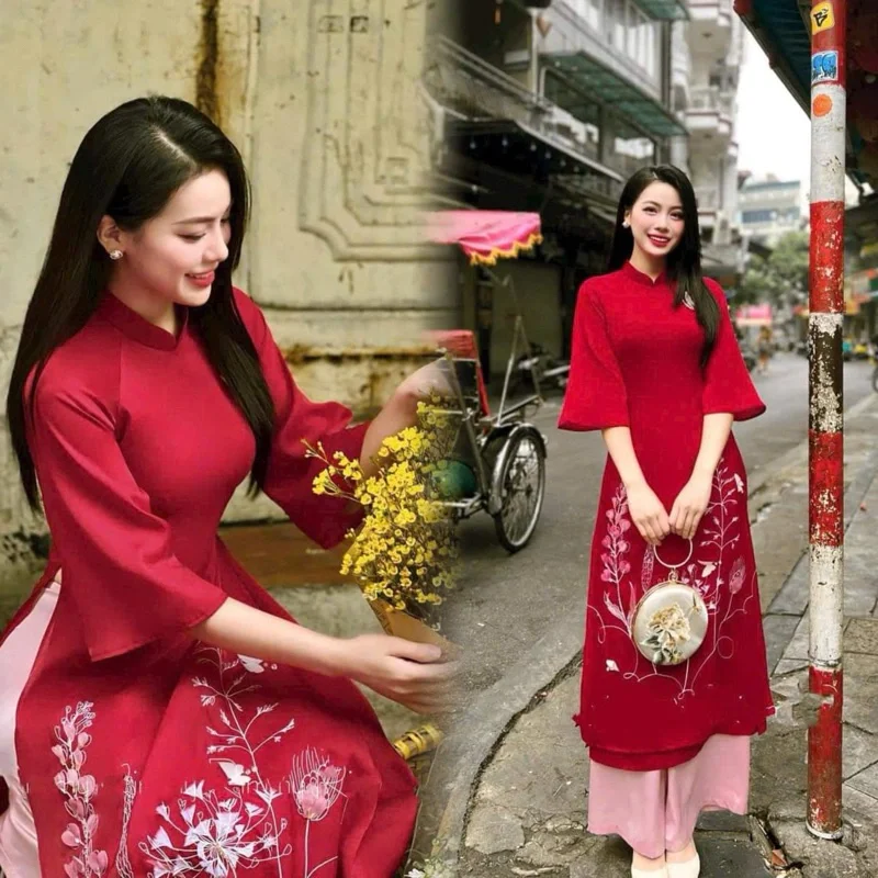 Sét Áo dài cách tân vải tơ đỏ, 4 tà lót lụa , quần trắng tết 2024