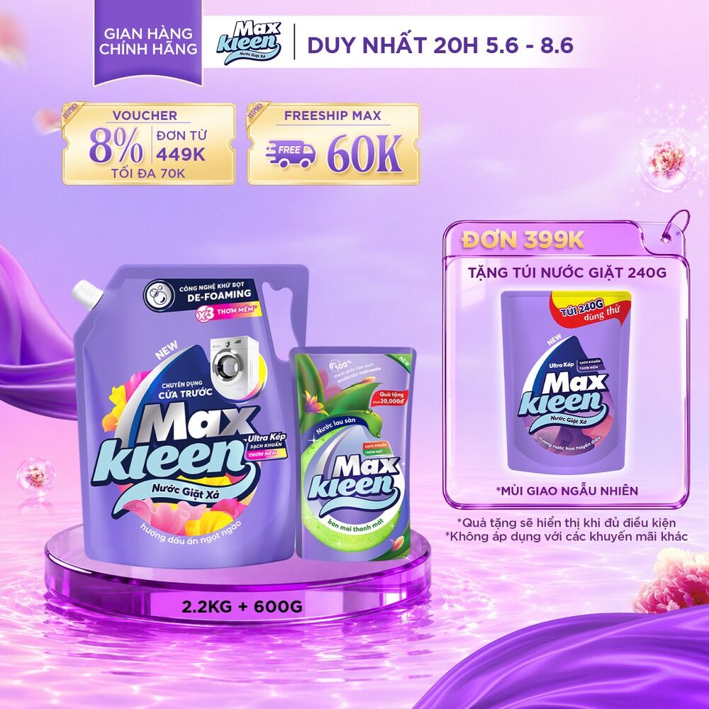 [Tặng kèm Túi lau sàn 600g] Nước giặt xả cho máy giặt cửa trước MaxKleen hương Dấu Ấn Ngọt Ngào 2.2kg