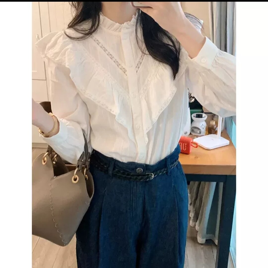 áo sơ mi kiểu cổ tàu phối ren tiểu thư hàn quốc
