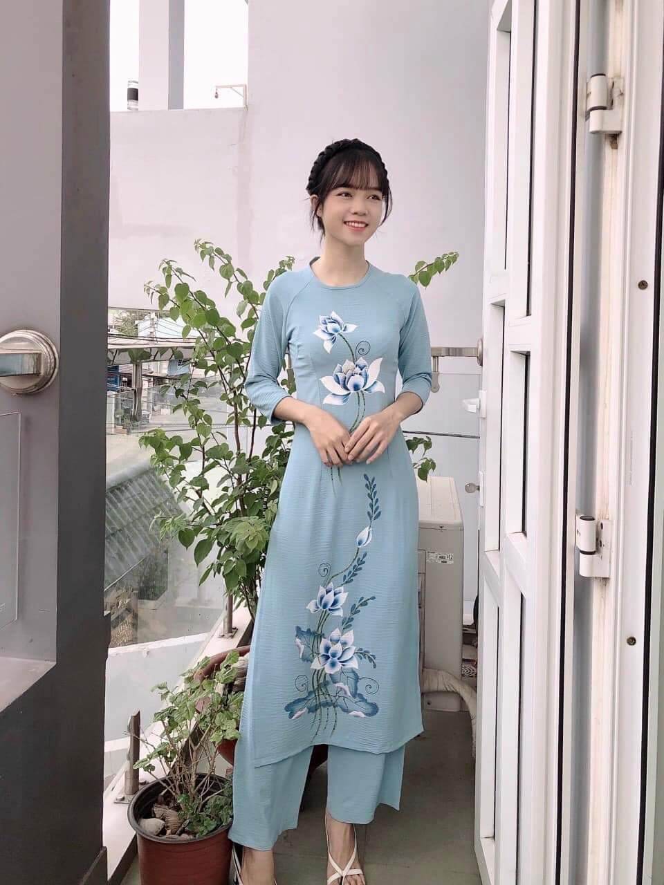 Bộ áo dài nữ đi chùa chất liệu đũi cao cấp