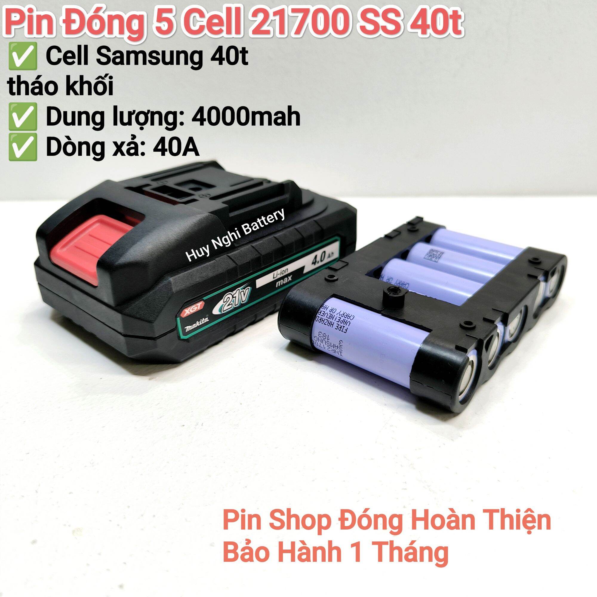 Combo: Vỏ 21700 + Mạch 5s80a + 10 Cell Samsung 40T
