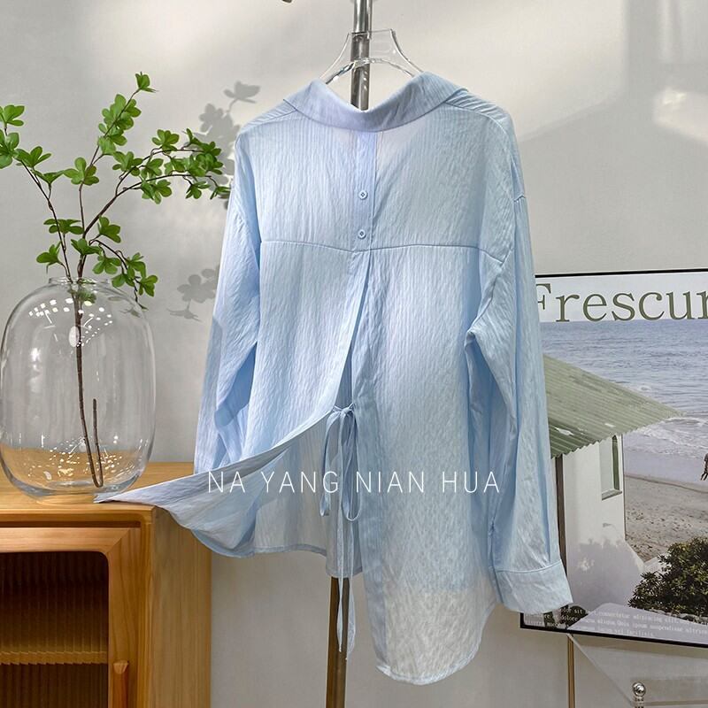 Áo Sơ Mi Dài Tay Rộng Rãi Mùa Hè Cho Nữ Áo Khoác Ngoài Sọc Vải Lanh Cotton Mỏng Áo Chống Nắng Mỏng Á