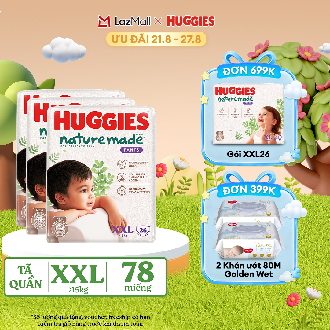 [17-24.08 QUÀ TẶNG ĐƠN 399K]  Combo 3 Tã/Bỉm quần HUGGIES PLATINUM NatureMade XXL26 (Trên 15kg)-Gói Jumbo 26 miếng