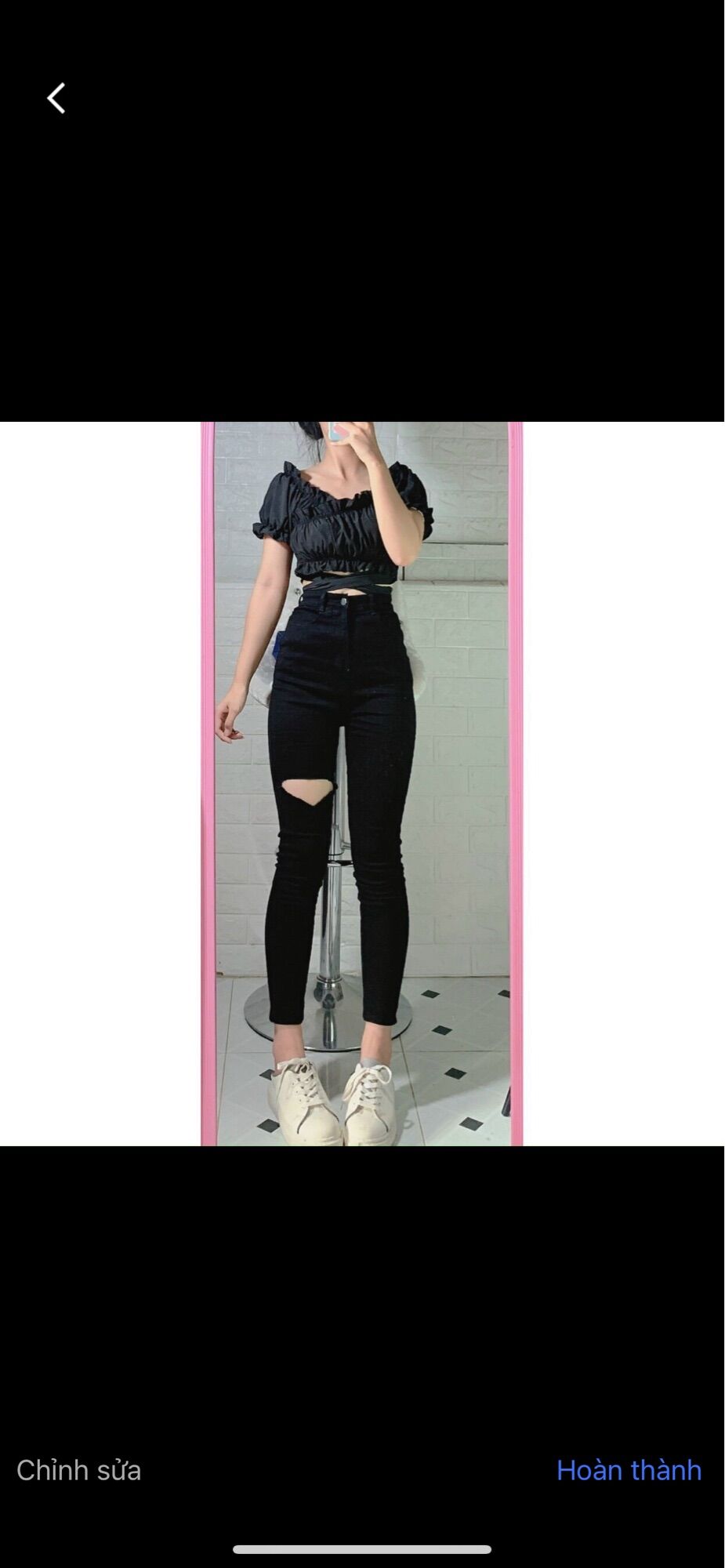Set jeans dài co giãn đen rách tim + áo đắp chéo cột eo