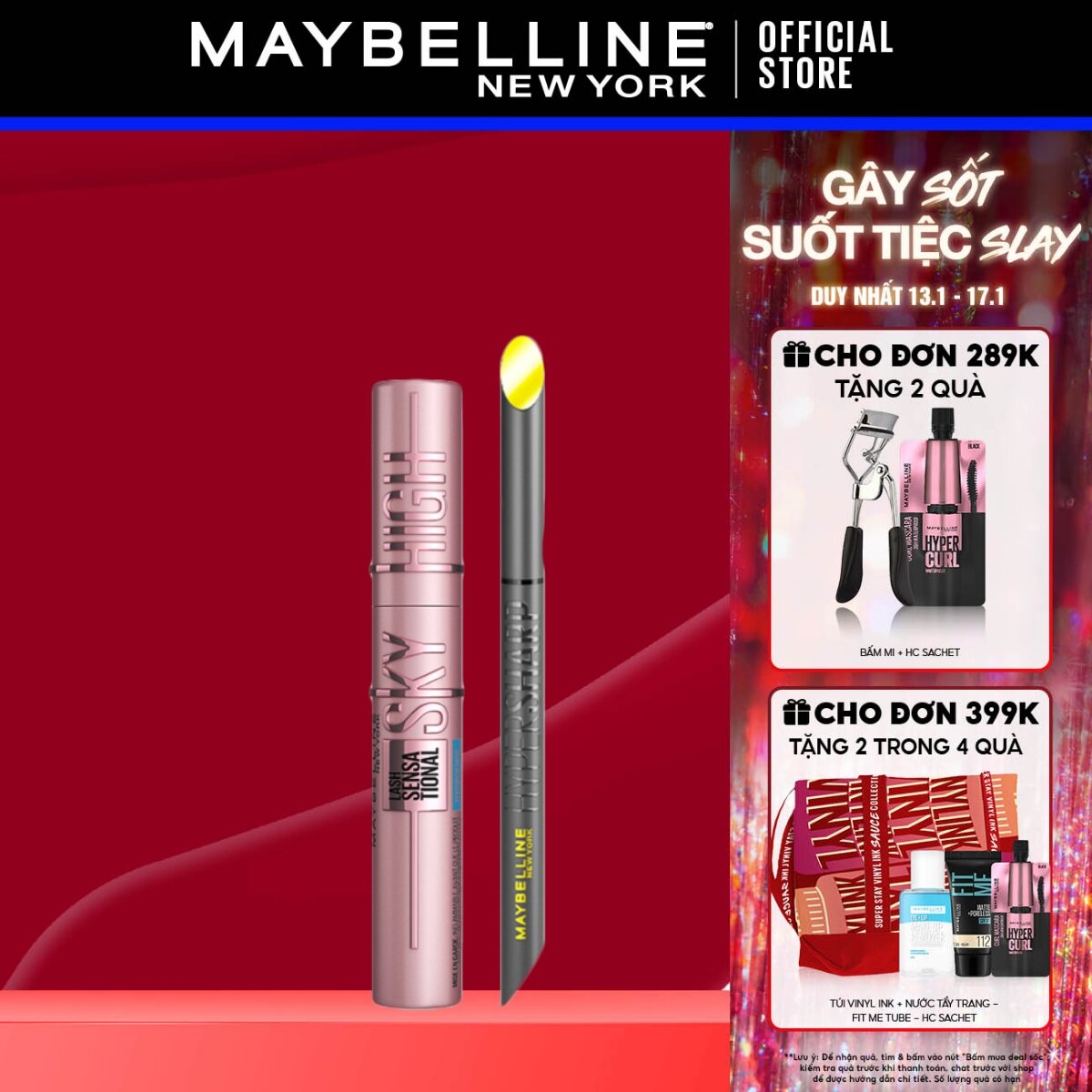 Bộ trang điểm Bút kẻ mắt nước siêu sắc mảnh không lem, trôi Hyper Sharp, Mascara Tơi Dài Mi Lash Sensational Sky High Maybelline New York