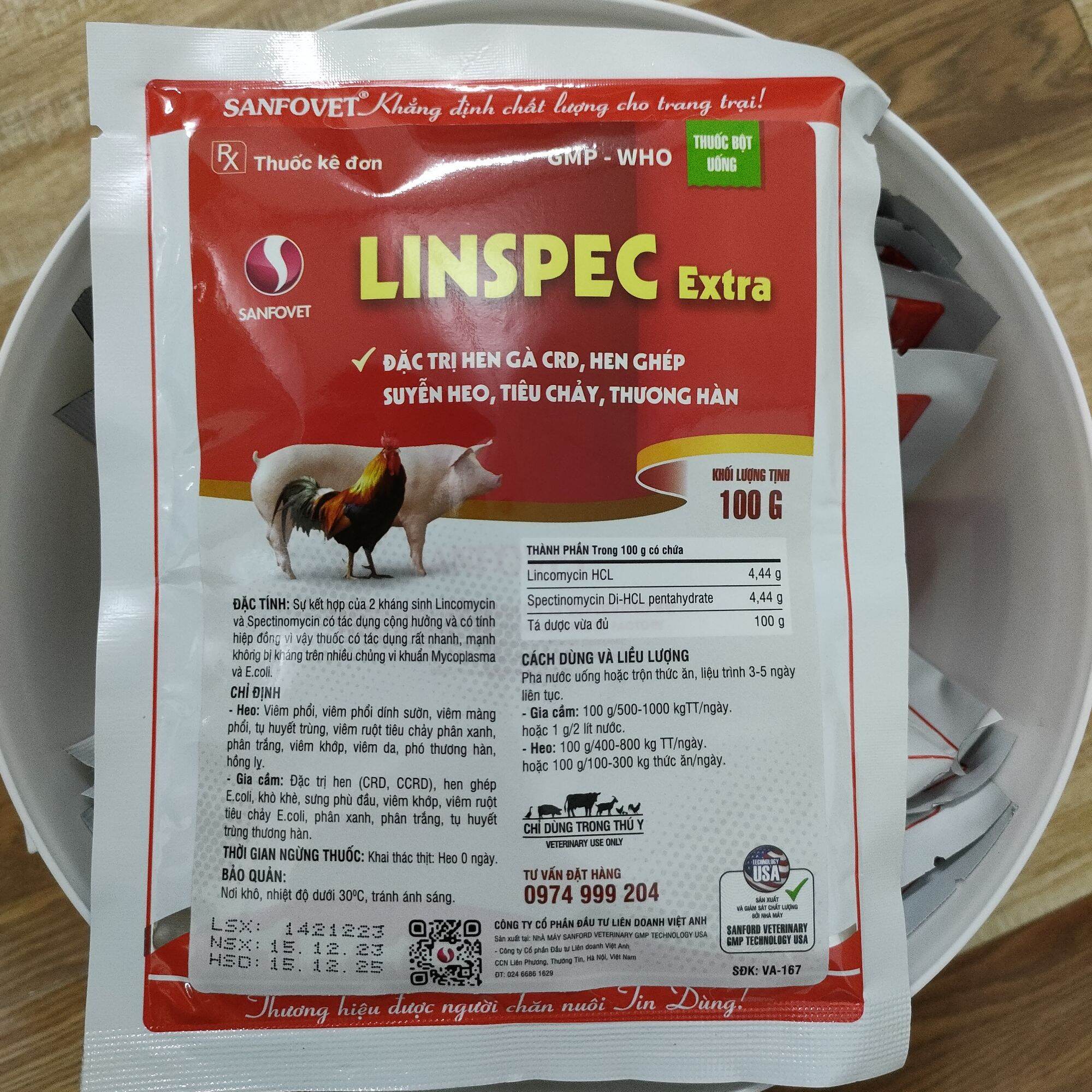 LINSPEC 100g 1kg Viêm phổi, ho suyễn, viêm ruột tụ huyết trùng dùng trong thú y