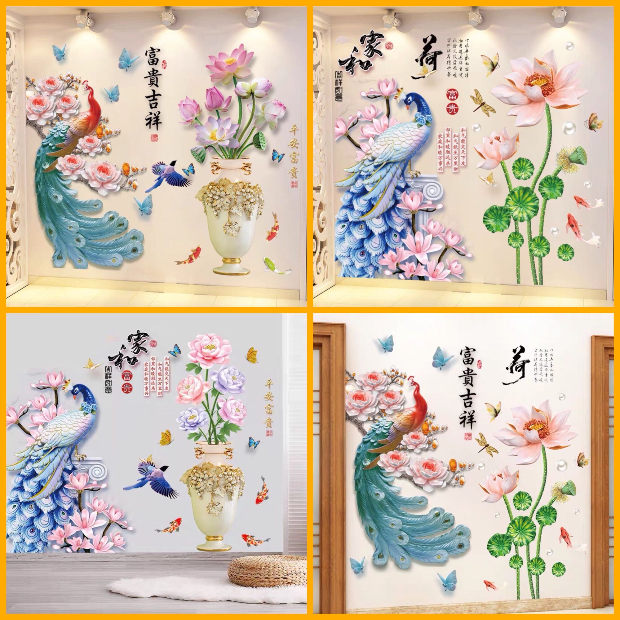 Combo 2 tranh Decal dán tường phòng khách bình hoa và công